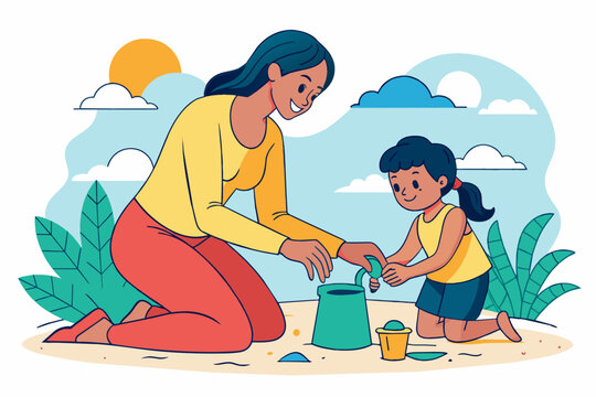recommend clip art: A mother helping her child build a sandcastle at the beach, illustrated in continuous line art vector illustration 