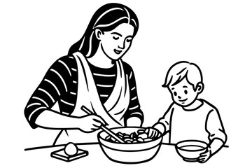 A mother helping her child build a sandcastle at the beach, illustrated in continuous line art  vector silhouette 
