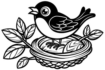 Fototapeta na wymiar Black and white, coloring book page for kids, cute, black and white cartoon [Bird building a nest in a tree], white background