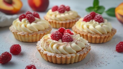  Three cupcakes, each topped with white frosting and a raspberry, sit against a pristine white backdrop surrounded by fresh fruit