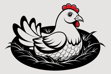 A chicken sitting on a nest Black and white
