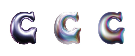 Letter G in three-dimensional holographic iridescent chrome lettering isolated on transparent background. 3D rendering