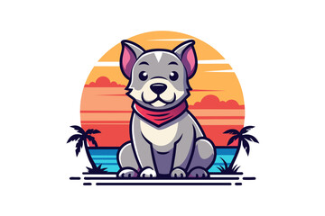 T- shirt design for cute puppy watching sunset vector illustration, bold line art, illustration, sticker on white background