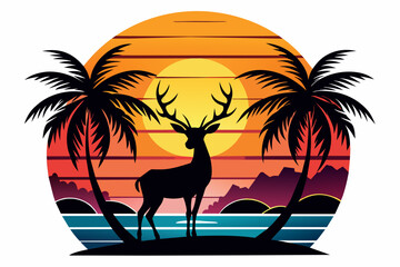 vector t-shirt design, black silhouette illustration vintage retro sunset with palm trees with the dear and autumn feel  and isolated design on white background