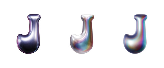 Letter J in three-dimensional holographic iridescent chrome lettering isolated on transparent background. 3D rendering