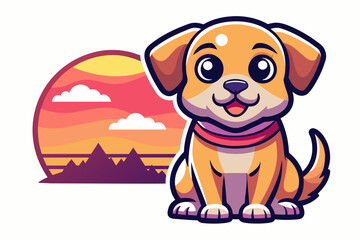 T- shirt design for cute puppy watching sunset vector illustration, bold line art, illustration, sticker on white background