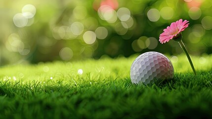 Naklejka premium Wishing a heartfelt Mother s Day to the golfer adorned with a golf ball and a flower standing on the lush green grass