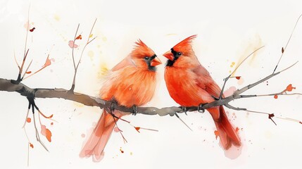 Minimalist Watercolor Wash Childrens Book Illustration of Loving Pair of Cardinals Generative AI