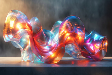 Translucent wave sculpture with vibrant light play, suitable for representing fluidity and...