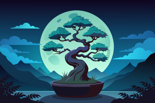 Japanese bonsai and moon vector illustration 