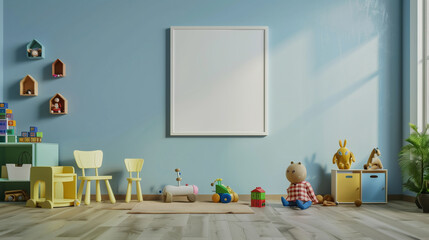 white empty square canvas hanging on a wall in a kids room (1)
