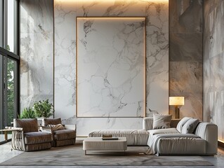 Luxurious minimalist living room, large blank frame, plush seating, subtle lighting