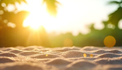 Summer holiday concept: Abstract bokeh flare sunlight with blur green and yellow nature sunrise beach background