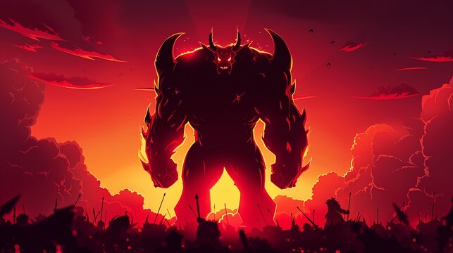 A shadowy demon lord towering over a fantasy battlefield crimson armor glowing stormy sky armies clashing below