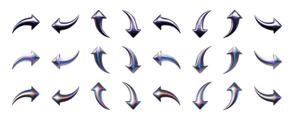 Curved arrows in three-dimensional Y2K holographic chrome style isolated on transparent background. 3D rendering