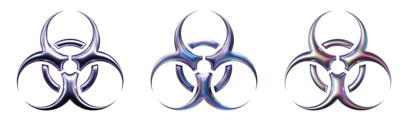 Biohazard symbol in three-dimensional Y2K holographic chrome styles isolated on transparent background. 3D rendering