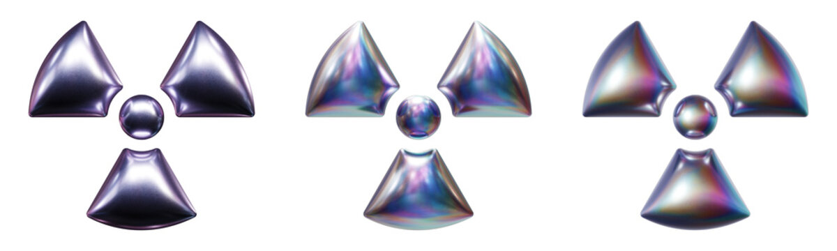 Radiation symbol in three-dimensional Y2K holographic chrome styles isolated on transparent background. 3D rendering