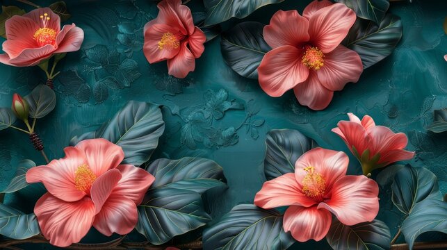   A painting of pink flowers against a teal background, their centers filled with red, encircled by emerald-hued leaves