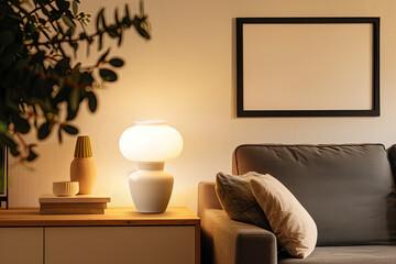 White table lamp, with a short neck and bowl-shaped body, next to a poster with lineart, placed on the sideboard of a living room with a dark gray sofa with pillows, a blurred plant in the foreground.