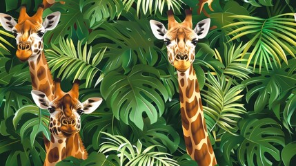 Naklejka premium Two giraffes standing side by side in front of a lush forest of green, leafy plants