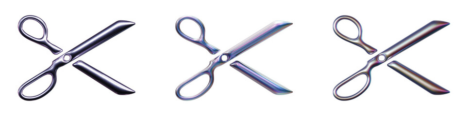 Scissor symbol in three-dimensional Y2K holographic chrome styles isolated on transparent background. 3D rendering