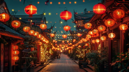 Vibrant Red Lanterns Illuminate Urban Street