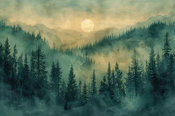 Foto op Plexiglas Atmospheric Layered Pine Forest Watercolor Landscape Generative AI © Paul