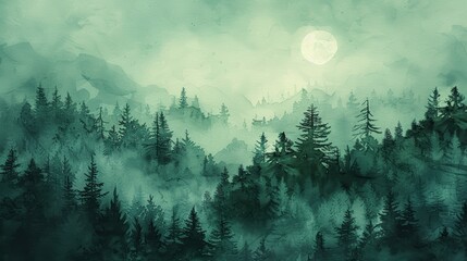 Ethereal Watercolor Pine Forest Greeting Card with Layers of Mist Generative AI - obrazy, fototapety, plakaty