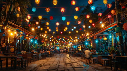 Vibrant City Street Illuminated With Colorful Lights