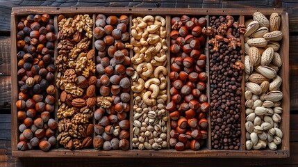 A variety of nuts arranged elegantly on a wooden table, showcasing their rich textures and ea