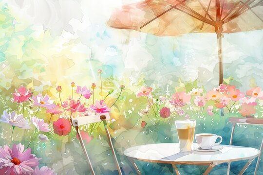 Watercolor Illustration of a Summer Cafe Scene With a Cup of Coffee and a Glass of Iced Coffee on the Table, Surrounded by Blooming Flowers and Patio Umbrella