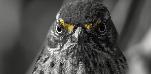 Fototapeta premium A monochrome image of a bird featuring yellow eye spots against a hazy backdrop