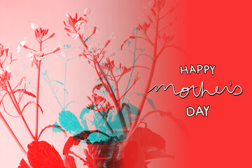 Hand written happy mothers day text greeting with bright pink and blue flower design background.