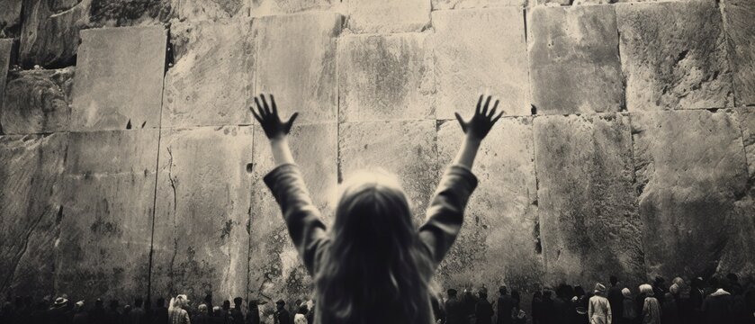 A little girl standing against a wall and raising her both hand. balck and white colour