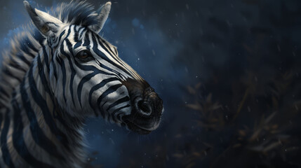 Fototapeta premium A tight shot of a zebra's face Striped animal in the foreground, black and white Background is dark