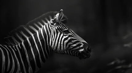 Fototapeta na wymiar A black-and-white image of a zebra's head and neck, contrasting with birds in the background