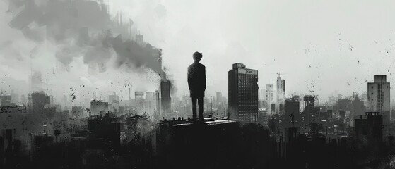 a black shadowy man walking through malevolent city, black and white photo