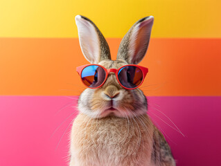A rabbit wearing sunglasses and standing on a wall. The rabbit is wearing a pair of yellow sunglasses and he is posing for a photo. The wall behind the rabbit is painted in bright colors