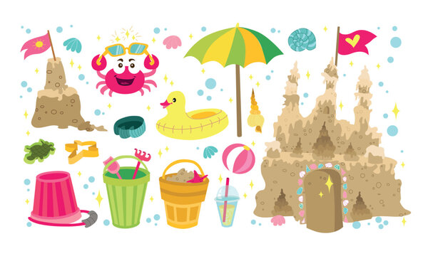 Beach games for childrens set. Kids summer collection objects. Cartoon stickers with baby toys isolated on a white background. Cute vector icons.