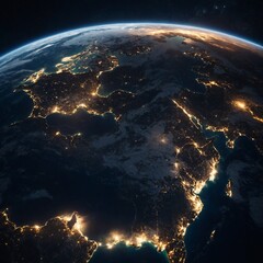 Obraz premium Night of Planet Earth globe from space view with city light of each countries on land and sunlight, Galaxy and space concept