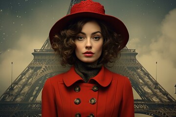 Chic Stereotyped French woman. Confident beautiful lady with red lips. Generate ai
