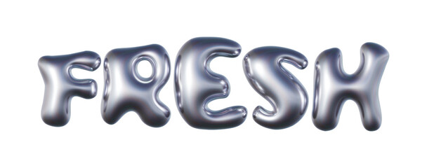 Word Fresh written in three-dimensional Y2K glossy chrome blob lettering isolated on transparent background. 3D rendering