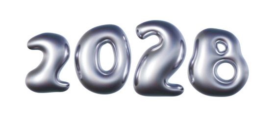 Year 2028 written in three-dimensional Y2K glossy chrome blob lettering isolated on transparent background. 3D rendering