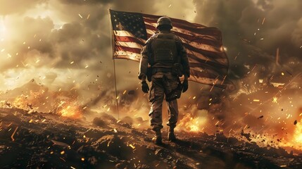 A US soldier is standing in front of an American flag. Independence Day, Memorial Day, Veterans Day. 