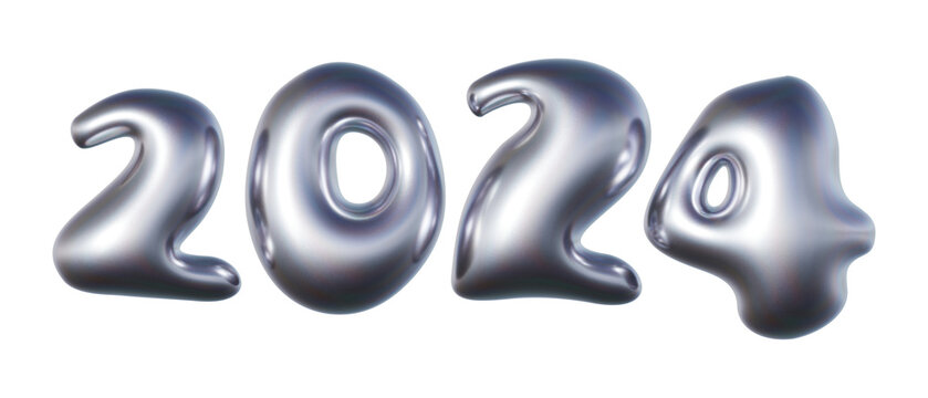 Year 2024 written in three-dimensional Y2K glossy chrome blob lettering isolated on transparent background. 3D rendering