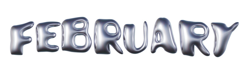 February written in three-dimensional Y2K glossy chrome blob lettering isolated on transparent background. 3D rendering