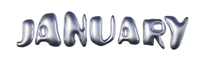 January written in three-dimensional Y2K glossy chrome blob lettering isolated on transparent background. 3D rendering
