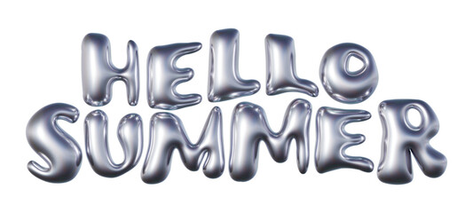 Hello Summer written in three-dimensional Y2K glossy chrome blob lettering isolated on transparent background. 3D rendering