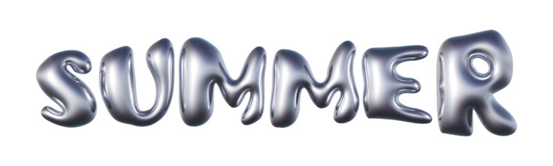 Word Summer written in three-dimensional Y2K glossy chrome blob lettering isolated on transparent background. 3D rendering