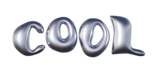 Word Cool written in three-dimensional Y2K glossy chrome blob lettering isolated on transparent background. 3D rendering